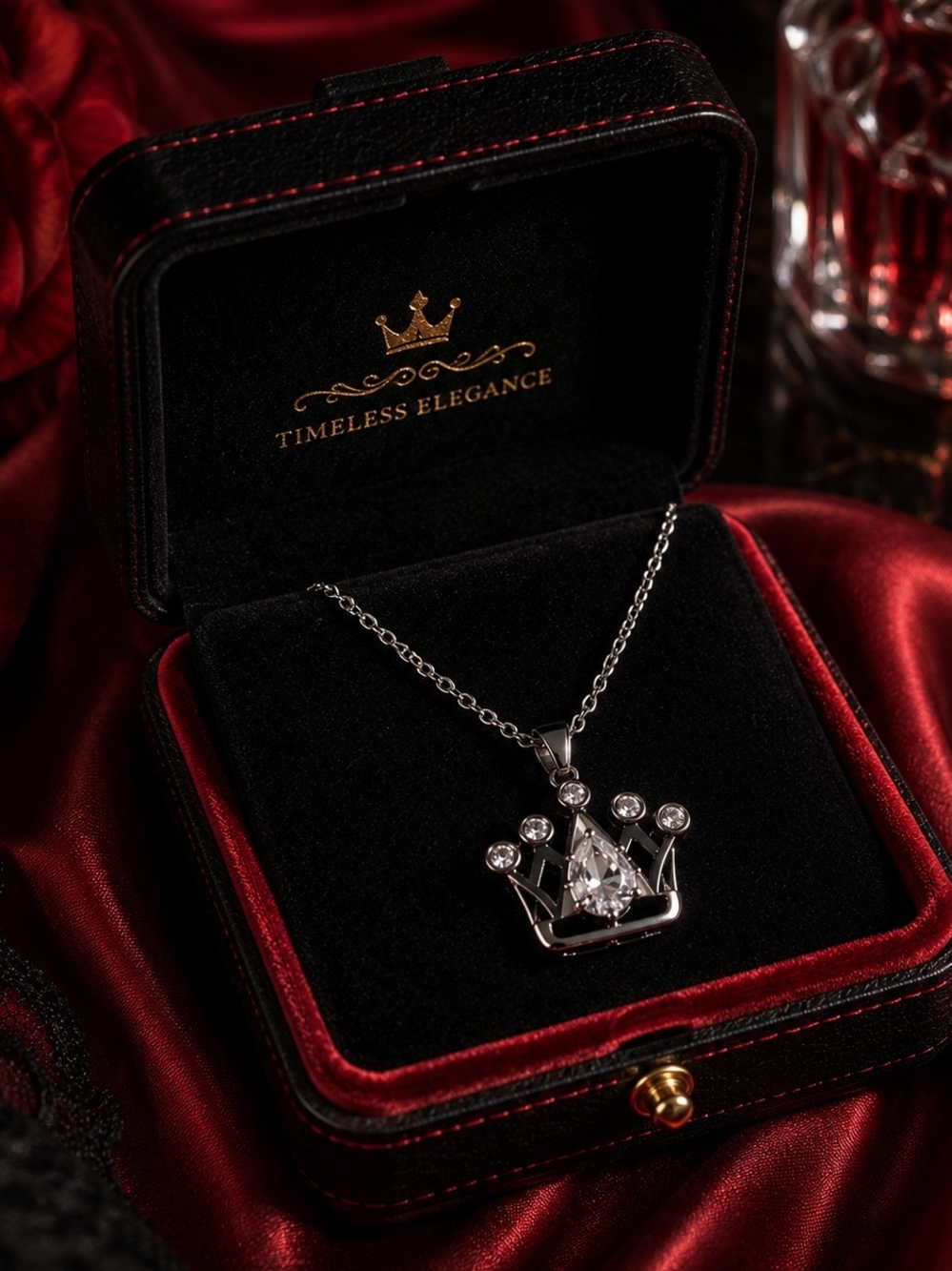 Silver Tone Crown Pendant Necklace with Clear CZ Crystal Accents for Women